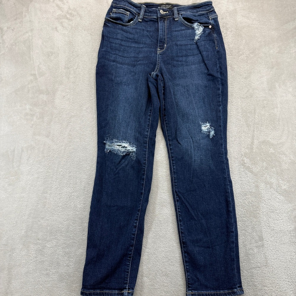Judy Blue Jeans Women 9/29 Boyfriend Fit Dark Wash Blue Distressed Stretch Denim